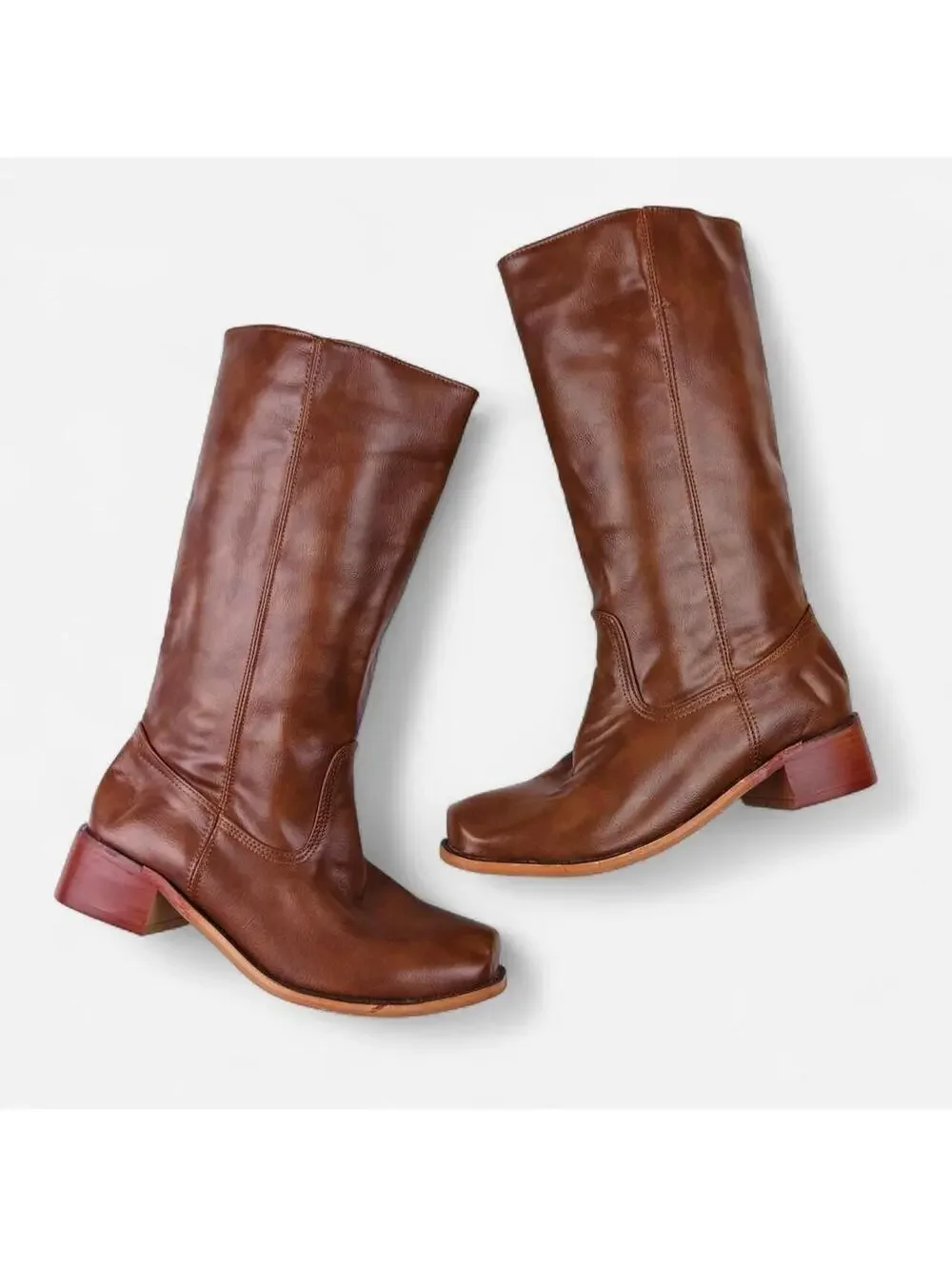 Cognac Brown Square Toe Knee High Riding Boots